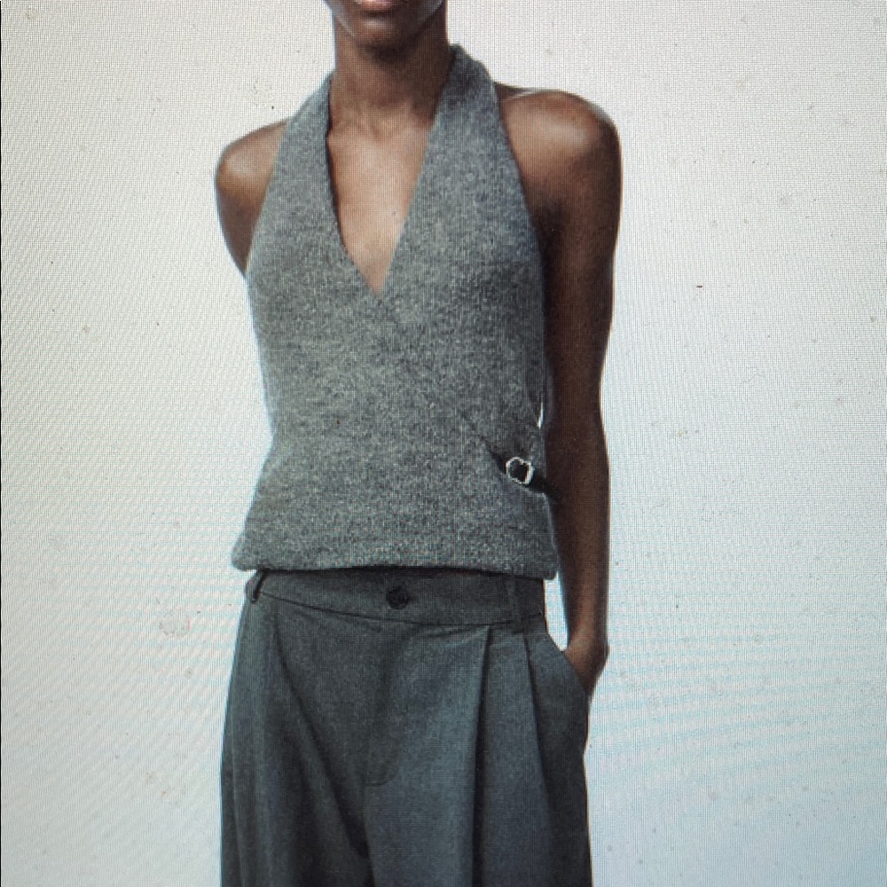 Zara grey wool knit Halter Wrap Top with buckle strap waist- nwt